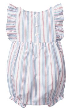 A cotton blend brushed for enhanced softness keeps baby comfortable in these pajamas sweetened with ruffled accents and pearlescent buttons. Meets Consumer Product Safety Commission's flammability standards for children's sleepwear Back button closure; buttons between legs 50% cotton, 50% modacrylic Machine wash, line dry Imported French Stripes, One Piece Pajamas, Consumer Products, Ruffle Trim, Top Brands, Pajamas, Cotton Blend, Nordstrom, One Piece