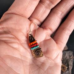 Multicolor Brass Beaded Earrings For Festival, Bohemian Multicolor Brass Earrings, Handmade Bohemian Copper Earrings, Handmade Multicolor Copper Earrings, Handmade Copper Beaded Earrings For Festival, Artisan Multicolor Brass Earrings, Multicolor Brass Earrings For Festivals, Brass And Copper, Earth Art