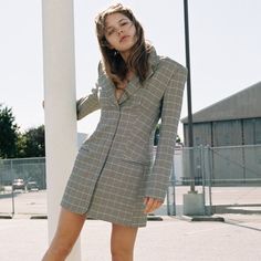 Blazer Dress With Lapel Collar. Long Sleeves With Shoulder Pads. Front Welt Pockets. Side Hidden In-Seam Zip Closure. Brand New With Tags L: Armpit To Armpit 19”, Waist 32”, Length 33” Xxl: Armpit To Armpit 21”, Waist 36”Length 33” Fitted V-neck Plaid Dress For Spring, Elegant Fitted Plaid Mini Dress, Fitted A-line Plaid Dress For Fall, Plaid Fitted Knee-length Midi Dress, Tailored Spring Mini Dress, Tailored Mini Dress For Spring, Tailored Long Sleeve Fall Dresses, Tailored Mini Dress For Fall, Tailored Mini Length Dress For Spring