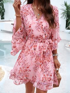 Pink Wrap Mini Dress, Grey Maxi Dress, Floral Print Chiffon, Floral Wraps, Daily Dress, Dress Jewelry, Pink Mini Dresses, Ruffle Sleeves, Mini Wrap Dress