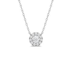 That one piece that will inject a shot of glamour into your looks. This white gold necklace features round diamond surrounded by a halo of smaller round diamonds. Four prongs secure the center diamond in place. The timeless look of this necklace allows you to pair it with almost any of your favorite outfits. Classic Diamond Necklace With Halo Detail, Classic Diamond Halo Necklace, White Gold Cubic Zirconia Diamond Necklace With Halo, White Gold Cubic Zirconia Halo Diamond Necklace, White Gold Diamond Solitaire Necklace With Halo Design, White Round Diamond Necklace With Accents, White Gold Diamond Pendant With Halo Setting, Fine Jewelry Diamond White Necklace With Halo Setting, White Gold Diamond Pendant Necklace With Halo Setting