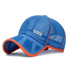 a blue hat with an orange visor