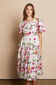 Beautiful floral embroidered dress with flowy sleeves, keyhole back closure, elastic back band in a stunning floral pattern. Self and Lining 100% Polyester Hand wash only. Aprox. measurements in inches: S:Length of self-45.5, length of lining-42 |Bust-35 |Waist-28 M:Length of self-46, length of lining-42.5 |Bust-37 |Waist-30 L:Length of self-47, length of lining-43.5 |Bust-39 |Waist-32 XL:Length of self-47, length of lining-43.5 |Bust-42 |Waist-36 modest dresses, modest dress, modest midi, modes Summer Midi Dress With Floral Applique, Feminine Floral Embroidered Midi Dress, Feminine Midi Dress With Floral Embroidery, Spring A-line Midi Dress With Floral Embroidery, Feminine A-line Midi Dress With Floral Embroidery, A-line Dress With Floral Embroidery For Brunch, Flowy Feminine Floral Embroidered Maxi Dress, Spring Floral Embroidered Midi Dress, Feminine Flowy Maxi Dress With Floral Embroidery