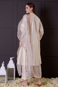 White chanderi kurta with thread embroidered borders. Comes with pant and an organza dupatta. - Aza Fashions Traditional Cotton Silk Palazzo Set With Embroidered Border, Traditional Cotton Silk Sharara With Embroidered Border, Tussar Silk Kurta With Embroidered Border For Eid, Unstitched Off White Sharara With Embroidered Border, Eid Tussar Silk Kurta With Embroidered Border, Unstitched Slub Silk Kurta With Embroidered Border, Bollywood Style Tussar Silk Palazzo Set With Embroidered Border, Cream Palazzo Set With Embroidered Border For Diwali, Cream Embroidered Palazzo Set For Eid