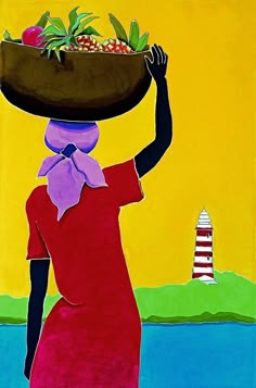 a painting of a woman carrying food on her head over her head, with a lighthouse in the background