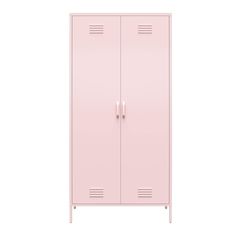 a pink metal locker with two doors