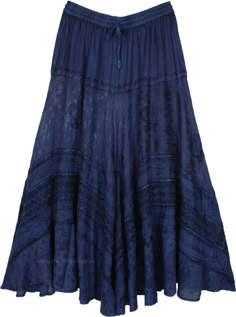 A beautiful deep blue long skirt in rayon. It has the perfect ensemble of delicate embroidery. #tlb #Embroidered #Misses #MaxiSkirt #bohemianfashion #RenaissanceSkirt #Rayonlongskirt #costumeskirt Blue Rayon Maxi Skirt, Blue Flowy Rayon Maxi Skirt, Blue Rayon Maxi Skirt For Spring, Long Blue Embroidered Skirt, Blue Embroidered Long Skirt, Traditional Blue Maxi Skirt, Traditional Blue Flowy Maxi Skirt, Western Long Skirt, Blue Long Skirt