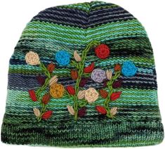 Prairies Unisex Wool Winter Hat with Floral Details | Accessories | Multicoloured | Vacation, Gift, Fall, Floral, Striped, Bohemian, Handmade Green Cotton Winter Hat, Green Cotton Hat For Winter, Green Cotton Beanie Cap, Green Cotton Hat One Size, Cozy Green Beanie Hat, Cozy Green Hat For Fall, Cozy Green Winter Hat, Cozy Green Fall Hats, Green Winter Hat For Cold Weather