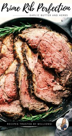 prime rib perfection steak in a cast iron skillet with rosemary sprigs on the side