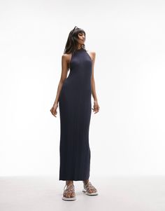 Elegant Ribbed Halter Neck Dress, Elegant Ribbed Summer Dress, Chic Ribbed Maxi Dress, Chic Ribbed Stretch Maxi Dress, Ribbed Maxi Dress For Date Night, Summer Evening Ribbed Midi Dress, Spring Evening Ribbed Midi Dress, Spring Evening Midi Dress, Ribbed, Sleeveless Ribbed Maxi Dress For Evening