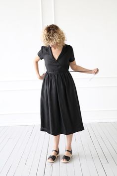 Black Bohemian Linen Dress, Black Linen Short Sleeve Dress, Black Knee-length Linen Midi Dress, Casual Linen V-neck Wrap Dress, Chic Black Linen V-neck Dress, Linen Wrap Dress, Black Linen, Kimonos, We Wear