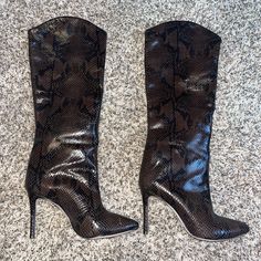 Lightly Worn, Maybe Two Times, Brown Snakeskin Like, Leather Bottom 3” Heel, 11” Top Of Calve, Fanc$Y Comes With Shoe Bag Brown Knee Boots, High Heels Stilettos, Shoes Heels Boots, Snake Skin, Knee Boots, Shoes Women Heels, Heeled Boots, High Heel, Black And Brown