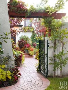 an open gate leading into a garden with lots of flowers and greenery on either side