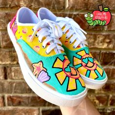 Hand-Painted Hello Summer Beach-Themed Fun in the Sun Shoes, Vans, Cute Teacher Gift School Shoes, Personalized, End of Year Summer Each of our shoes are hand-painted and made to order so minor flaws and variations are expected from shoe to shoe.  Now available in Vans and Off-Brand options Vans will ship in original box. NoBo do not come in a box.  Personalization is not available as space is very limited on this design.** Shoes are sealed with an acrylic sealer to help ensure longevity of your shoes. HOW TO ORDER 1. Choose your desired brand & size from the drop-down menu 2. Choose the quantity you would like to order 3. Click ADD TO CART and checkout when finished shopping Customers have reported that these shoes run true to size. For Vans sizing, please use official size guide from the Green Canvas Shoes With Round Toe For Summer, Green Round Toe Canvas Shoes For Summer, Multicolor Canvas Sneakers For Summer, Hand Painted Canvas Shoes With Round Toe, Hand Painted Round Toe Canvas Shoes, Hand-painted Canvas Shoes With Round Toe, Colorful Fun Sneakers For Summer, Summer Playful Closed Toe Sneakers, Artistic Multicolor Sneakers For Summer