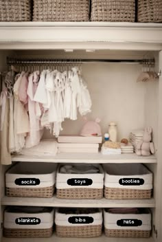 an organized closet with baskets, clothes and other items on shelves that are labeled labeled labels instead of mystery drawers in a dresser