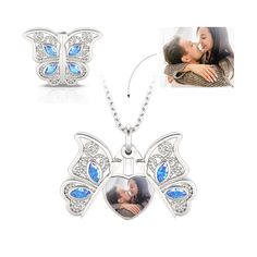 This photo necklace is the best choice to make the memory eternal. It features butterfly designed to open and close. The necklace is created in sterling silver with stunning details, with your own photo included, this beautiful piece will be more memorable. Never miss this romantic and exquisite piece!Carat Weight: 1 ctStone Size: 2*4 mmStone Type: Jeulia® StoneNumber of Stones: 8 Stone Color: Aquamarine BlueStone Shape: MarquiseWeight: 6.1 gWidth: 21.3 mmHeight: 21.4 mmThickness: 5.2 mmMaterial Butterfly Shaped Birthstone Jewelry For Anniversary, Butterfly Shape Birthstone Jewelry For Anniversary, Silver Butterfly Jewelry With Birthstone, Silver Jewelry With Butterfly Charm For Anniversary, White Gold Jewelry For Mother's Day Memorial, Personalized Silver Butterfly Pendant Necklace, Memorial Locket Jewelry For Mother's Day, Mother's Day Memorial Locket Jewelry, Silver Butterfly Jewelry For Mother's Day