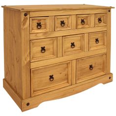 Add sophisticated style and convenient storage to any room in the home with this beautiful chest of drawers. Constructed from solid pine, this sturdy piece of furniture features elegant, molded detailing and zinc alloy drawer pulls for an antique-inspired appearance. Plus, it features steel drawer slides to smoothly open and close the drawers. This farmhouse storage chest has 9 rustic drawers in 3 unique sizes. Each drawer in the top and middle rows have a weight capacity of 10 lbs while each dr Rustic Drawers, Rustic Chest Of Drawers, Farmhouse Storage, Drawer Lights, Pine Chests, Bedroom Furniture Dresser, Elegant Furniture, Christopher Knight Home, Small Drawers