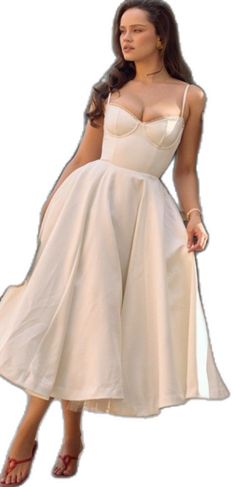 Off White A-line Wedding Dress, Cream A-line Prom Dress, Beige A-line Midi Dress For Wedding, Cream Dresses With Fitted Bodice For Evening, Sleeveless Dress With Boned Bodice For Banquet, Beige Satin Dress For Banquet, Cream Satin Dress For Banquet, Summer Satin Gown With Sweetheart Neckline, Floor-length Cream Dress For Banquet