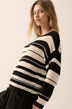 Striped crochet-knit sweater. Boat neckline. Long sleeves. Drop shoulder. Unlined. Rolled collar, cuffs, and hem. Oversized fit. 60% Cotton, 40% Acrylic. Imported. Designed in LA. Model wears size S. Crochet Knit Sweater, Rolled Collar, Oversized Graphic Tee, Vintage Canvas, Boat Neckline, Iron Decor, Oversized Fits, Drop Shoulder, Knit Sweater