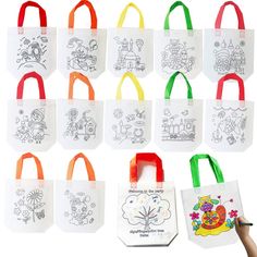 the bag is filled with coloring pages and markers for children to draw on it's back