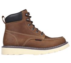 Classic leather work boot style comes to the job site in Skechers Work : Kadmiel - Bennot. This lace-up work boot features a leather upper with a synthetic padded collar, a cushioned Air-Cooled Memory Foam insole, and a durable Goodyear welt midsole. | Skechers Men's Work: Kadmiel - Bennot Boots | Medium Width | Skechers Air-Cooled Memory Foam cushioned comfort insole | Goodyear welt construction for added durability | Electrical Hazard (EH) safe design tested ASTM-F2892 | Leather and synthetic Leather Work Boots, Boot Design, Leather Chukka Boots, Boot Style, Work Boot, Mens Shoes Boots, Goodyear Welt, Leather Work, Designer Boots