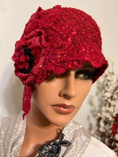 This is Ladies  red flapper hat cloche hat, has my hand made design, is in a version of my collection 20's style hats and accessories. I add a flavor of 20's and Modern, so you will look elegant and feminine, and also you can use it for any occasion. Hat made from red  soft polyester , adorned  floral is in antique hand artwork is in Millinery style. Measurement: Inside: 22 -up to 24- 24.5". Mannequin's head about 22". Check measure around your ears, flapper hat fit over them and low on the brow Hat Boutique, Hand Artwork, Beautiful Personality, Flapper Hat, Cloche Hats, 20s Fashion, Mannequin Heads, Cloche Hat, Hat Making