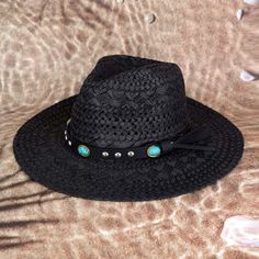 Black W Turquoise Beads And Black Band Accented Straw Style Brimmed Sun Blocker Hat Fashion Statement Accessory One Size Fashion Statement Accessory Summer / Spring / Beachwear / Vacation B 0158 H Bohemian Fedora Straw Hat For Parties, Black Bohemian Straw Hat For Summer, Black Bohemian Straw Hat For Spring, Turquoise Beaded Beach Hat, Black Straw Hat For Spring Festival, Beaded Black Festival Hat, Black Beaded Festival Hat, Festival Black Beaded Hat, Black Bohemian Hat For Vacation