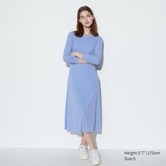 Ribbed Long Sleeve Flare Dress | UNIQLO US Ribbed Cotton Midi Dress, Casual A-line Ribbed Midi Dress, Solid Stretch Cotton Dresses, Stretch Cotton Midi Dress For Daywear, Spring Stretch Plain Dresses, Cotton Stretch Midi Dress For Daywear, Solid Stretch Dresses For Daywear, Chic Solid Cotton Midi Dress, Spring Workwear Stretch Maxi Dress