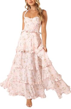 Petal & Pup Lillee Floral Print Tiered Maxi Dress | Nordstrom Floral Ball Gown Fairytale, Floral Champagne Dress, Prom Dresses Unique Vintage, Dresses For Sweet 16 Guest, Western Floral Dress, Pink Floral Bridesmaid Dress, Pink Bridal Shower Outfit, Floral Bridal Shower Dress, Pink Floral Bridesmaid Dresses