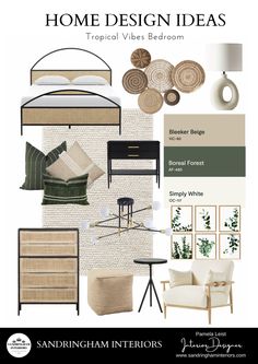 the interior design board is shown with neutrals and greens