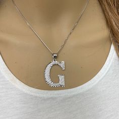 925 Sterling Silver Diamond Cut Initial Large Letter G Pendant Necklace Metal: 925 Sterling Silver Pendant: Large Height: 1.8" (45.7 Mm) Width: 1.1" (28 Mm) Rolo Chain In 16", 18", 20", 22" Brand New With Box Available In Any Letter From A-Z Pendant Can Be Available In Small Or Medium Size In Different Listings, Available In 10k, 14k, Or Sterling Silver Made To Order. Might Take 3-5 Days To Be Shipped. Letter J Pendant Necklace Is For Size Demo. Available In Another Listing. Silver Pendant Initial Necklace In Fine Jewelry, Silver Sterling Silver Initial Necklace, Silver Cubic Zirconia Pendant Name Necklace, Silver Cubic Zirconia Initial Necklace For Gift, Silver Cubic Zirconia Pendant Necklace, Personalized Silver Initial Necklace With Cubic Zirconia, Silver Initial Pendant Clavicle Chain Necklace, Silver Cubic Zirconia Initial Necklace, Personalized Silver Cubic Zirconia Necklace