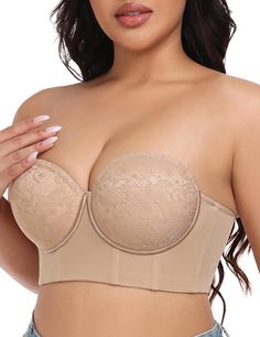 PRICES MAY VARY. The longline strapless bra is lightly lined, deep cup designed with silicone edging to embrace your bust and prevent falling down. Stylish bustier silhouette in unique lace cups, trimmed with elegant satin details, seamless band for a flattering fit as a wedding bra, party bra, or as a bra top to wear alone. Inner mesh side built with multiple bonings at the front to back, giving a comfortable fit and full support without rolling up. Flexible underwire and the non slip gripper fabric at the under band make a double security to hold the bust all day for plus size women. Back smoothing design with hooks and eyes closure, comes with removable shoulder straps for multi wears. Our longline strapless bra now comes with a more supportive version, with multiple bonings all around Vintage Eclectic Wedding, Party Bra, Wedding Bra, Women Back, Eclectic Wedding, Strapless Bustier, Bra For Women, Lace Strapless, Lounge Lingerie