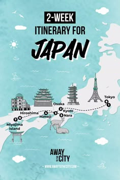 An illustrated travel map that shows the best cities to visit in Japan as a first-timer, including Tokyo, Kyoto, Himeji, Osaka, Tokyo, Nara, Hiroshima, and Miyajima Island, created by Away to the City Travel Itinerary Design, 2 Weeks In Japan, Japan Travel Itinerary, Miyajima Island, Japan Visit, Illustration Map