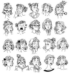 a bunch of people with different expressions and hair styles, all drawn in one line