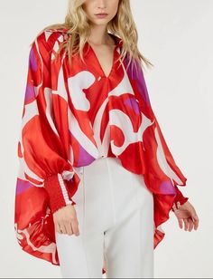 Hi Low Print Blouse – La Collection by Cotton'n Things Summer Blouse With Blouson Sleeves, Red Long Sleeve Top For Spring, Trendy Red Long Sleeve Blouse, Chic Multicolor Long Sleeve Blouse, Red Long Sleeve Blouse For Summer, Printed Long Sleeve Top For Spring, Multicolor Long Sleeve Tops For Spring, Chic Multicolor Flowy Top, Summer Long Sleeve Tops With Blouson Sleeves