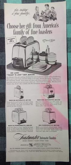 an old advertisement for toasters and ovens from the 1950's