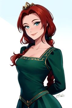 a woman with red hair wearing a green dress