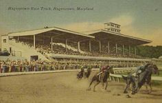 an old photo of horses racing in front of a crowd at a horse race track