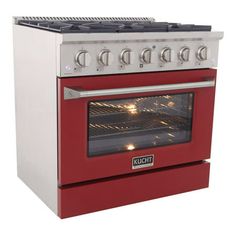 a red oven with the door open on a white background