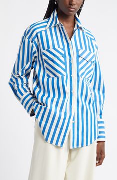 Classic stripes blanket a crisp poplin button-up shirt that easily goes from the office to weekend brunch. Front button closure Point collar Chest button-flap patch pockets 100% cotton Machine wash, line dry Imported Striped Blankets, Weekend Brunch, Stripe Shirt, Fall Wardrobe, Striped Shirt, Look Book, The Office, Button Up Shirts, Fashion Inspiration