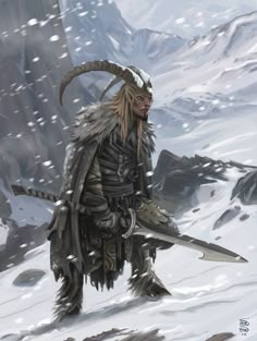 Warrior (Male Ibextor) Dnd Satyr, Fey Creatures, Fantasy World Art, Big Bucket, Painting Snow, Fantasy Warrior