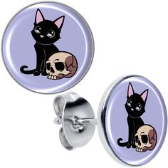 Product Details Hypoallergenic jewelry for sensitive skin.Skull Cat Stud Earrings Add some witchy wonder to your look with these stud earrings for pierced lobes. They're made with stainless steel straight posts with friction backs for a secure fit. Each one features a black cat, perched next to a creepy skull. They are depicted on a blue background to really make the details pop. You'll cast a spell of style when you're rocking these fantastic, feline and skull stud earrings. Sold as a set of tw Creepy Skull, Cat Stud Earrings, Cat Earrings Studs, Cast A Spell, A Black Cat, Steel Post, Hypoallergenic Jewelry, Earring Sale, Pierced Earrings