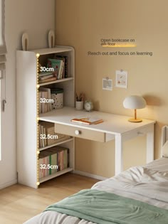 a bedroom with a bed, desk and bookshelf on the wall next to it