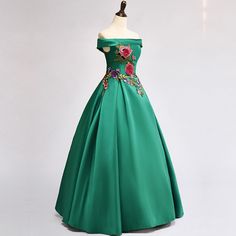 Charming Green Satin Off Shoulder Long Party Dress Spring Satin Ball Gown, Green Satin Evening Dress For Prom, Fitted Satin Gown For Spring, Fitted Satin Spring Gown, Satin Finish Dress For Prom Season Banquet, Satin Finish Dress For Banquet And Prom Season, Green Satin Finish Evening Dress For Party, Green Satin Gown For Banquet, Silk Satin Dress For Prom In Spring