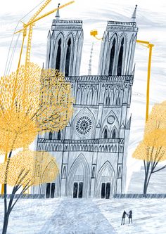 a drawing of a cathedral with trees in the foreground and cranes in the background