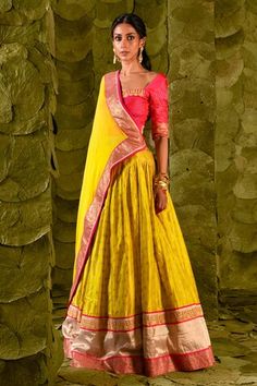 Passionfruit yellow lehenga with gold zari beaten hand embroidery. Paired with a pink embroidered blouse and fan pleat trimmed embroidered dupatta. - Aza Fashions Traditional Yellow Banarasi Silk Lehenga, Festive Yellow Choli With Zari Work, Fitted Yellow Anarkali Set For Reception, Yellow Lehenga With Cutdana And Traditional Drape, Yellow Choli With Zari Work In Traditional Drape, Fitted Yellow Banarasi Silk Traditional Wear, Yellow Choli With Pallu For Diwali, Festive Yellow Lehenga With Traditional Drape, Diwali Yellow Choli With Pallu