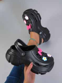 Black Fashionable Collar   Cartoon Vented Clogs Embellished   Women Shoes Platform Crocs Outfits, Plus Summer Fashion, Cross Aesthetic, Sandals Aesthetic, Platform Crocs, Black Crocs, Clogs For Women, Crocs Fashion, Crocs Sandals