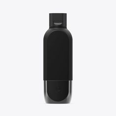 a black water bottle is shown against a white background, with the lid slightly open