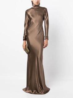 Sleek Long Sleeve Satin Evening Dress, Elegant Long Sleeve Satin Dress For Gala, Luxury Long Sleeve Silk Gown, Long Sleeve Satin Finish Evening Dress, Formal Long Sleeve Satin Finish Evening Dress, Long Sleeve Satin Evening Dress For Formal Occasions, Long Sleeve Satin Finish Evening Dress For Formal Occasions, Luxury Long Sleeve Satin Evening Dress, Elegant Brown Evening Dress