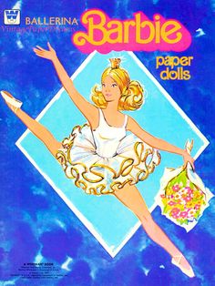 an advertisement for barbie paper dolls with a woman in a white dress holding shopping bags